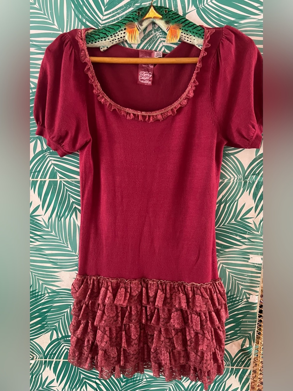 Twelve by twelve Los Angeles burgundy drop waist Mini dress w/ lace ruffle skirt